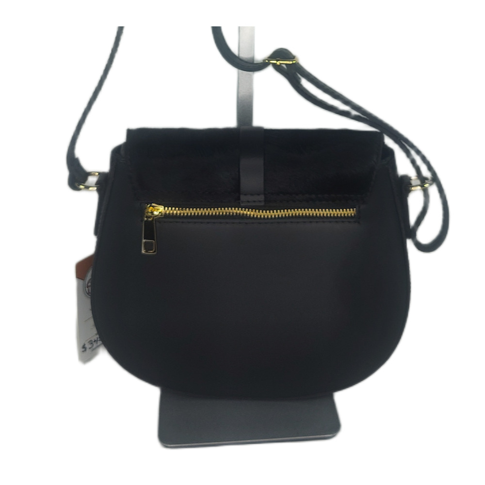 Charlie Leather Mack Black Leather & Black Fur Small Half Moon Crossbody Bag-NWT - Picture 2 of 12